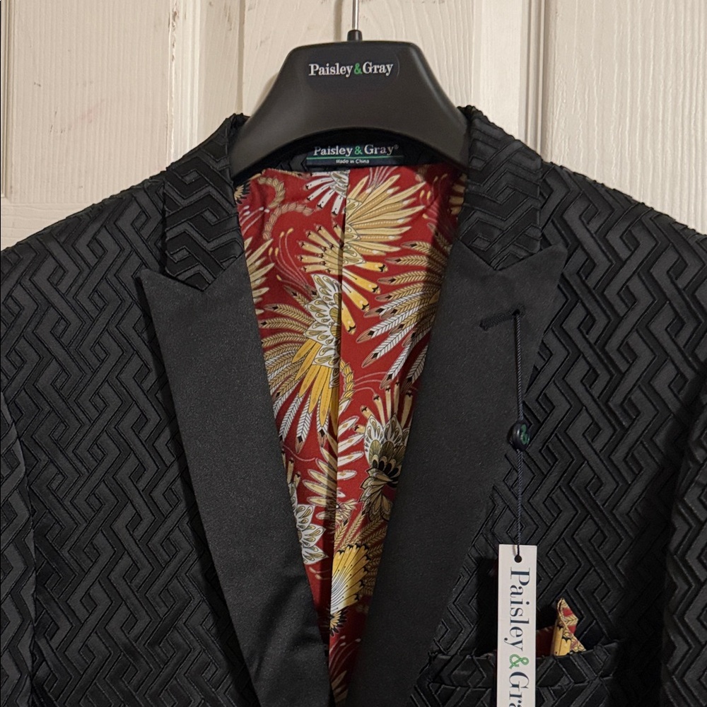 Paisley & Gray Black Textured Evening Blazer with Floral Red and Yellow Lining